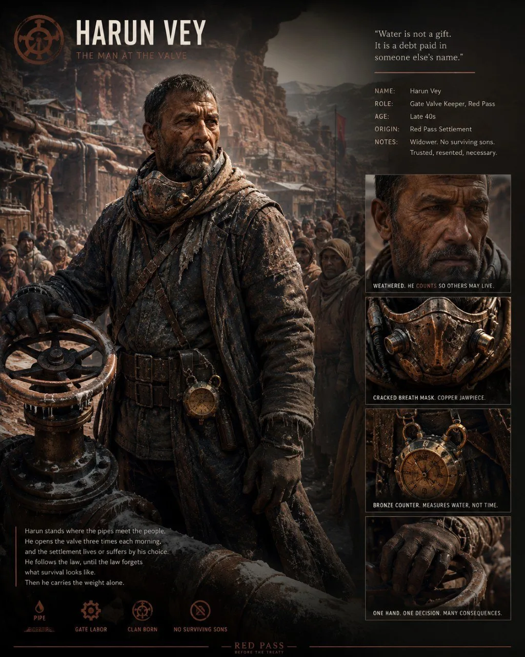 Archive-style concept art of Harun Vey, valve master of Red Pass