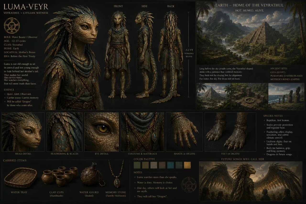 Archive-style concept sheet of Luma-Veyr, Veyrathul civilian witness and cup-bearer