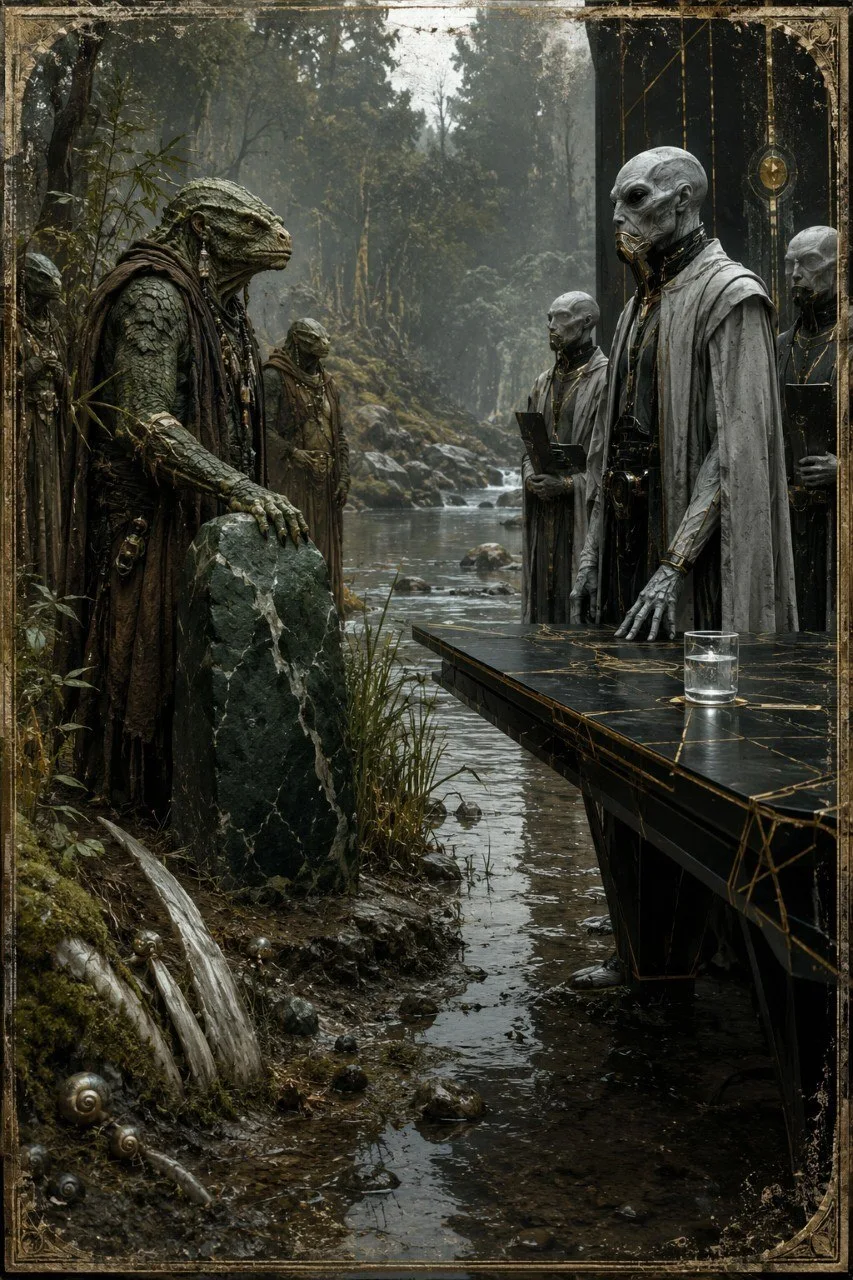 Archive-style concept art of Oru-Veyrath refusing a Tiamat envoy beside an old Earth river